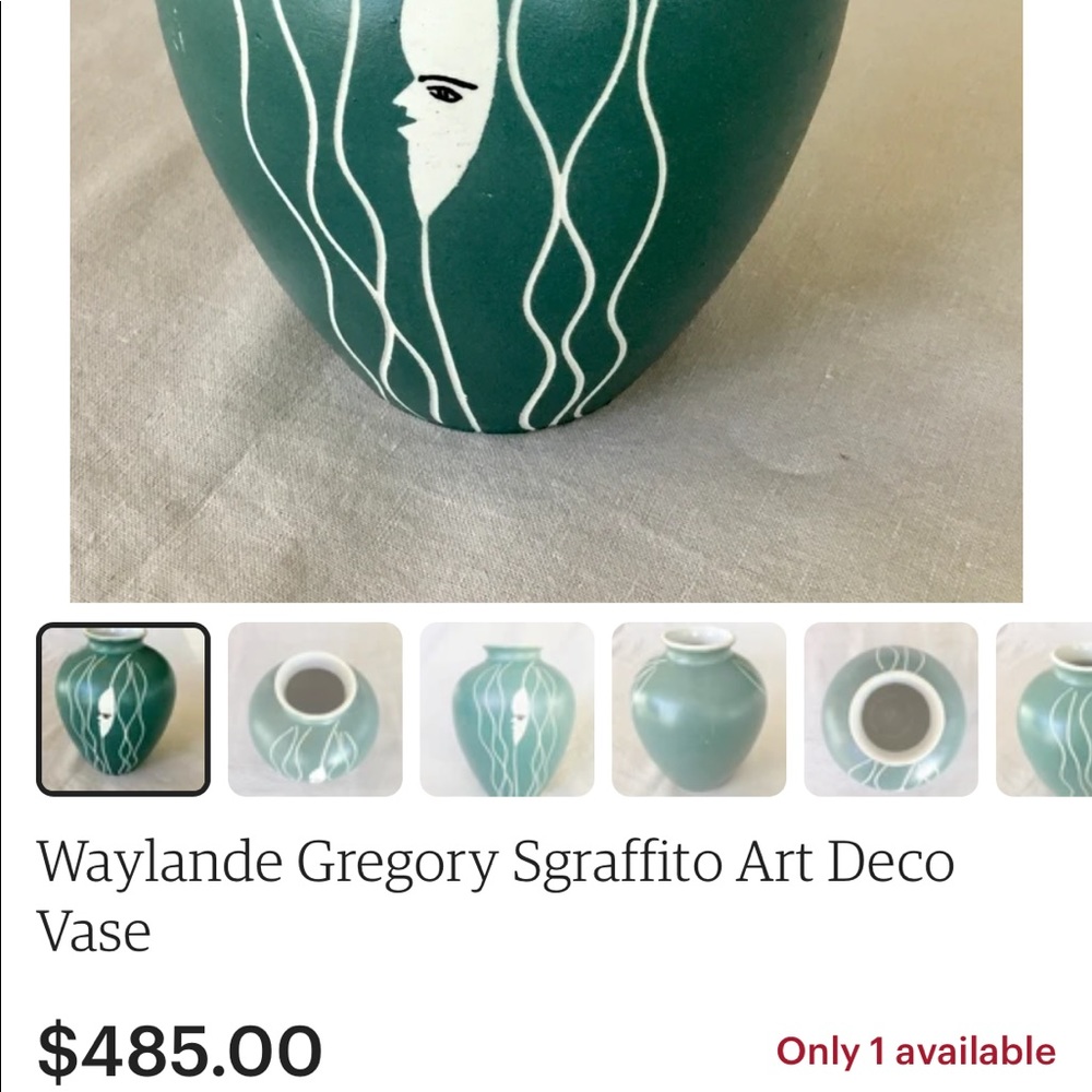 Rare Waylande Gregory 1950s Sgraffito Teal Green Art Deco Moon Face Vase Pottery - Picture 2 of 9